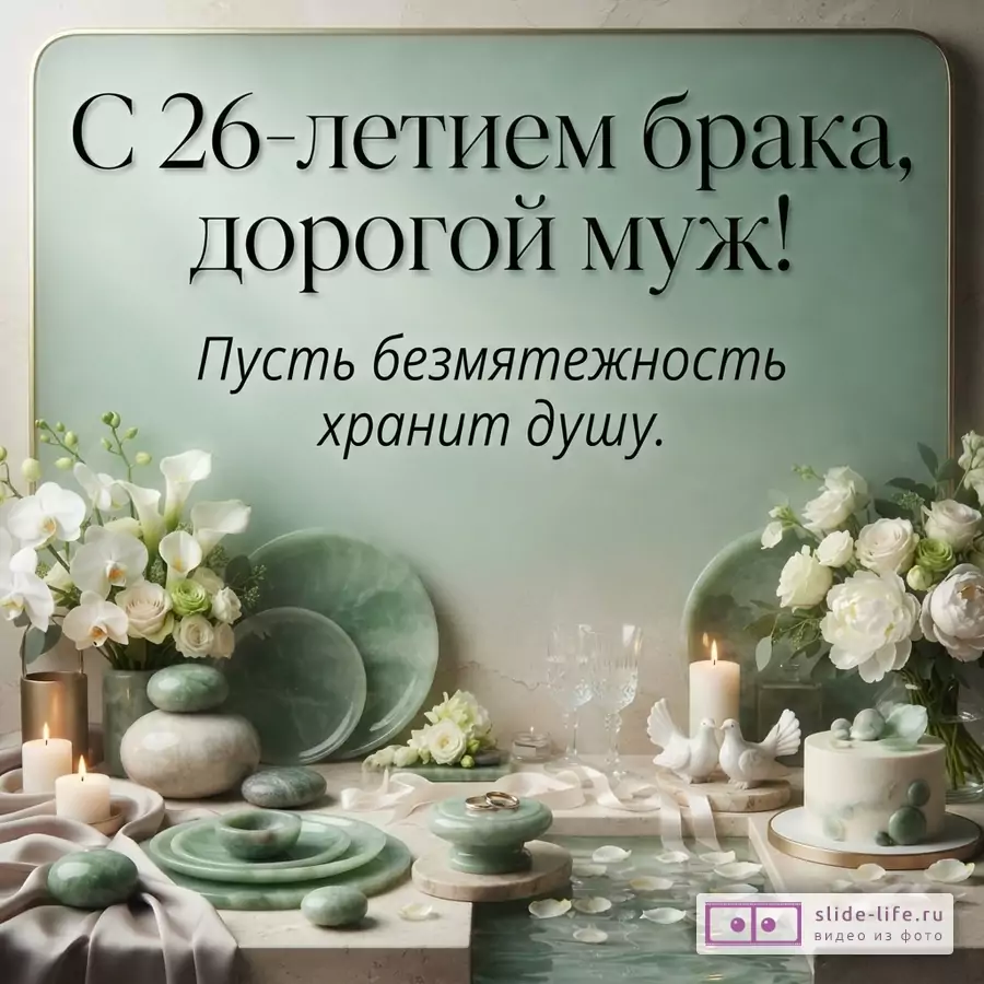 Светло-зеленый фон, черный текст «С 26-летием брака, дорогой муж! Пусть безмятежность хранит душу.», цветы, свечи, зеленые камни и декоративный торт.