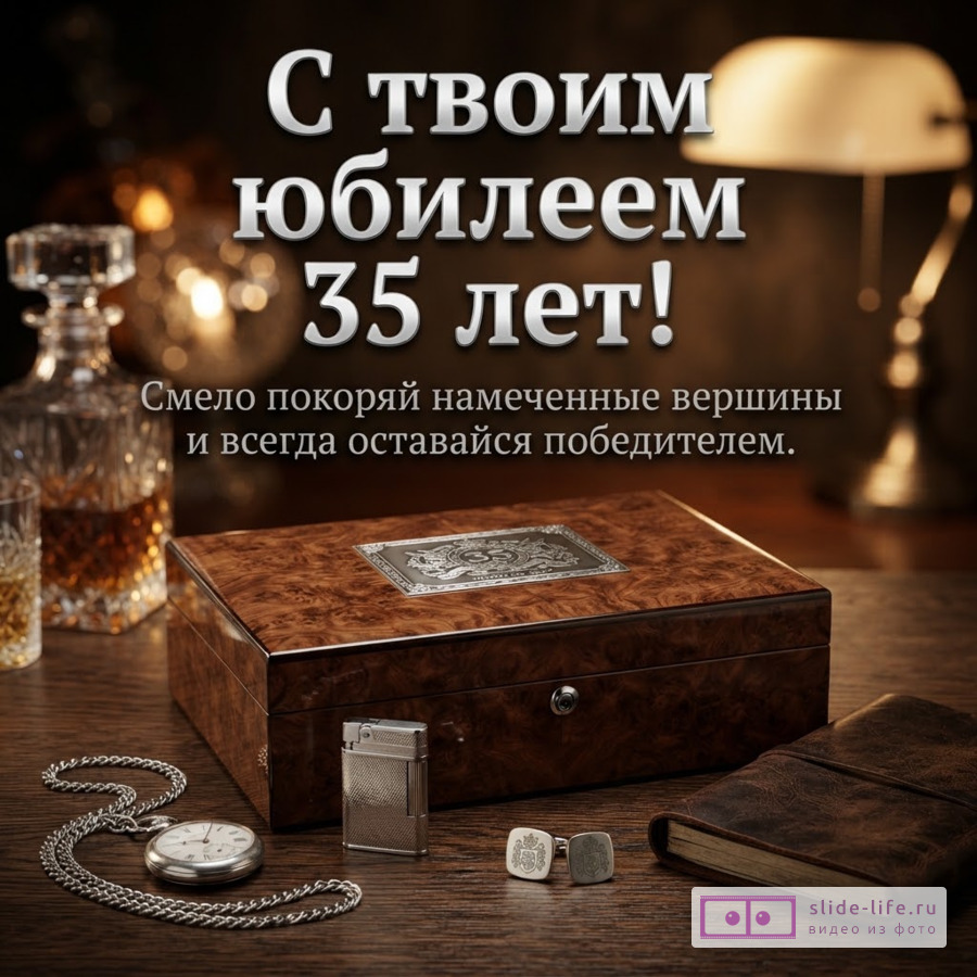 Деревянная шкатулка, карманные часы на цепочке, зажигалка, запонки и блокнот на столе с надписью «С твоим юбилеем 35 лет! Смело покоряй намеченные вершины и всегда оставайся победителем.»