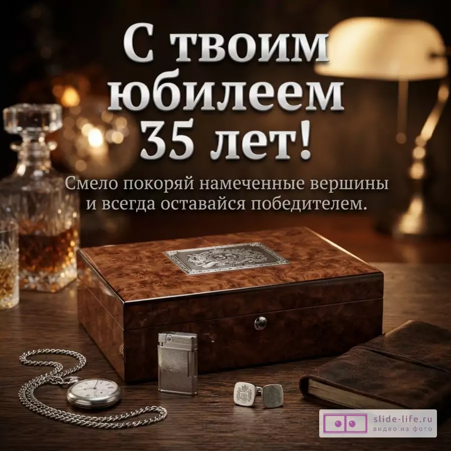 Деревянная шкатулка, карманные часы на цепочке, зажигалка, запонки и блокнот на столе с надписью «С твоим юбилеем 35 лет! Смело покоряй намеченные вершины и всегда оставайся победителем.»