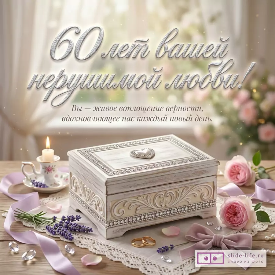Открытка с текстом «60 лет вашей нерушимой любви! Вы — живое воплощение верности, вдохновляющее нас каждый новый день.», светлый размытый фон, резная шкатулка, свеча, розы, ленты, кольца