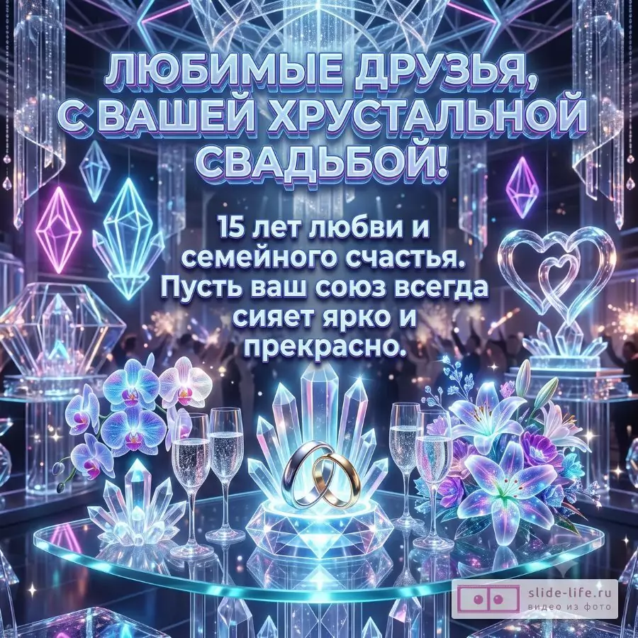 Открытка с хрустальной свадьбой 15 лет друзьям — поздравление с годовщиной свадьбы для любимых друзей