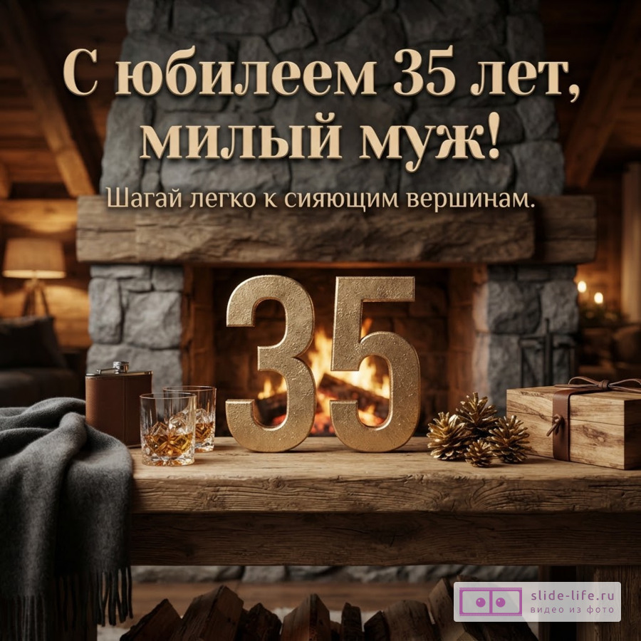 Объемные золотистые цифры 35 на деревянном столе у камина, бокалы, подарок и надпись: «С юбилеем 35 лет, милый муж! Шагай легко к сияющим вершинам.»