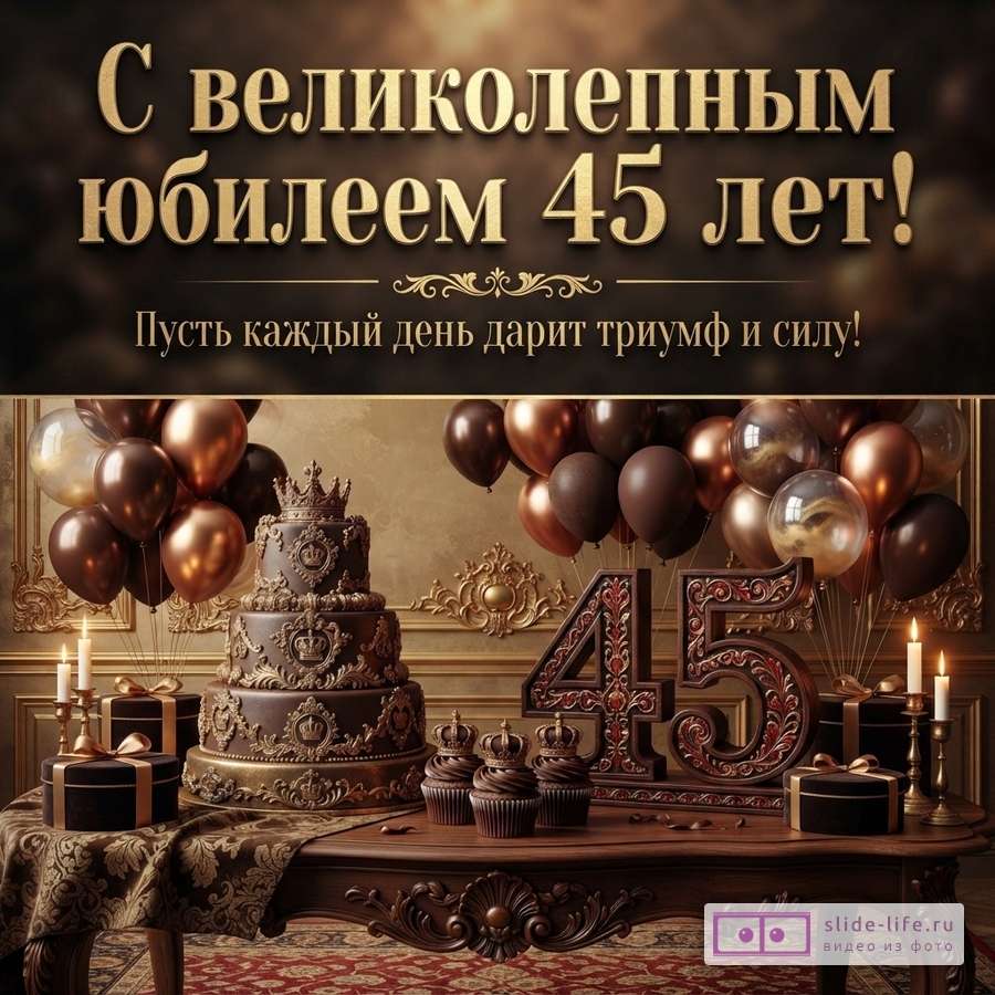 Открытка с золотыми буквами на черном фоне «С великолепным юбилеем 45 лет! Пусть каждый день дарит триумф и силу!». Внизу шоколадный торт, кексы, подарки, воздушные шары и цифры 45.