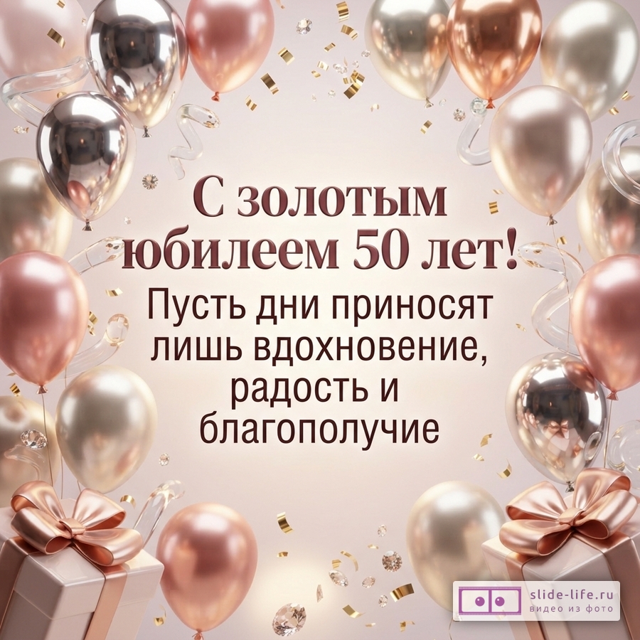 Фон светло-бежевый, по краям воздушные шары золотого, розового и серебристого цвета, золотое конфетти, две подарочные коробки. Текст: «С золотым юбилеем 50 лет! Пусть дни приносят лишь вдохновение, радость и благополучие»
