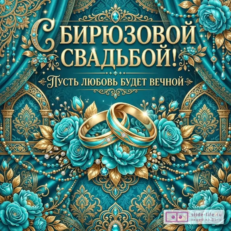 Бирюзовый фон с золотым орнаментом, голубыми розами и обручальными кольцами. Текст «С БИРЮЗОВОЙ СВАДЬБОЙ! Пусть любовь будет вечной»