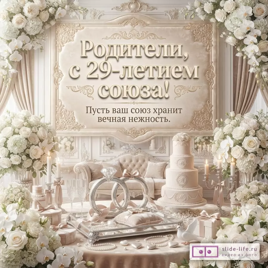Бежевый фон, рамка с узорами, белые цветы. Текст «Родители, с 29-летием союза! Пусть ваш союз хранит вечная нежность.»