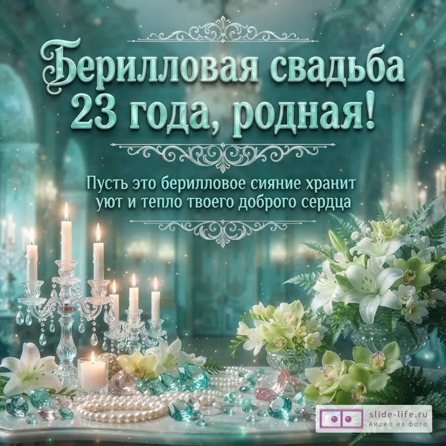 Хрустальный канделябр с горящими свечами, белые лилии, орхидеи, жемчужные бусы и кристаллы на бирюзовом фоне с текстом «Берилловая свадьба 23 года, родная!»