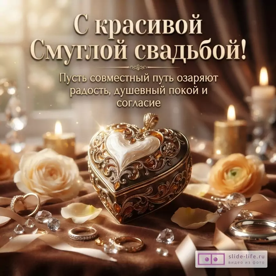 Бежево-коричневая открытка с золотистым объемным текстом «С красивой Смуглой свадьбой! Пусть совместный путь озаряют радость, душевный покой и согласие», сердцем-шкатулкой, свечами, розами, кольцами и лепестками