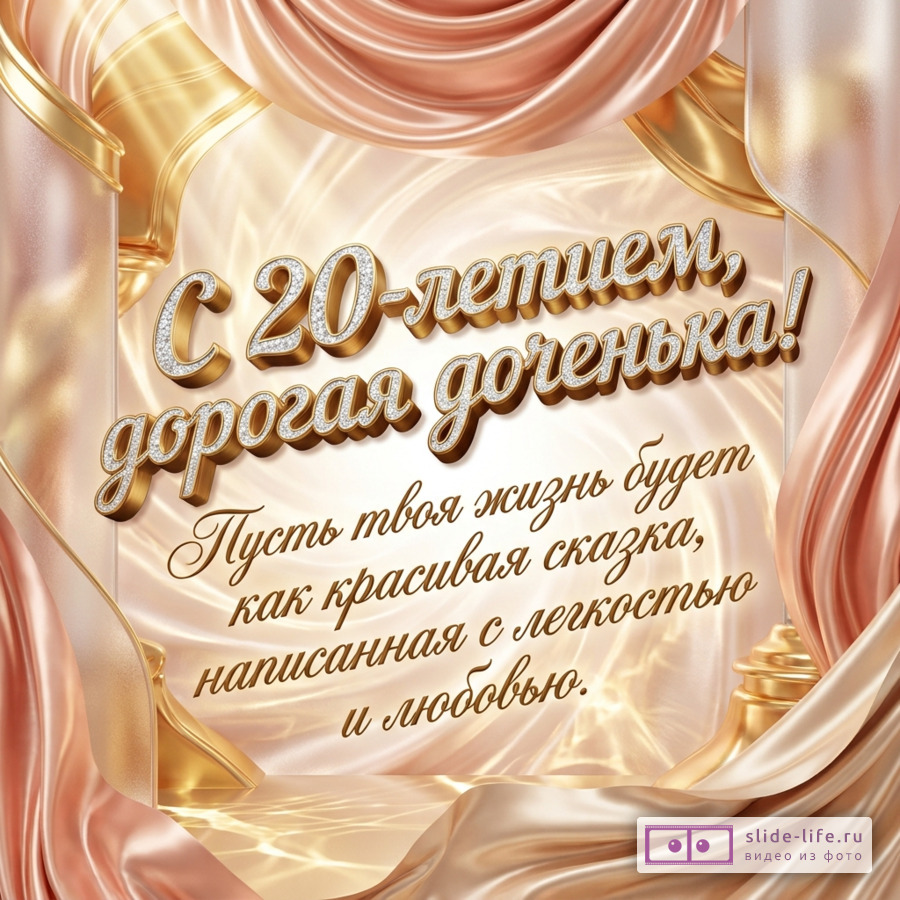 Розово-золотая открытка с драпированным фоном, сияющими лентами и объемной надписью «С 20-летием, дорогая доченька!». Текст «Пусть твоя жизнь будет как красивая сказка, написанная с легкостью и любовью.»