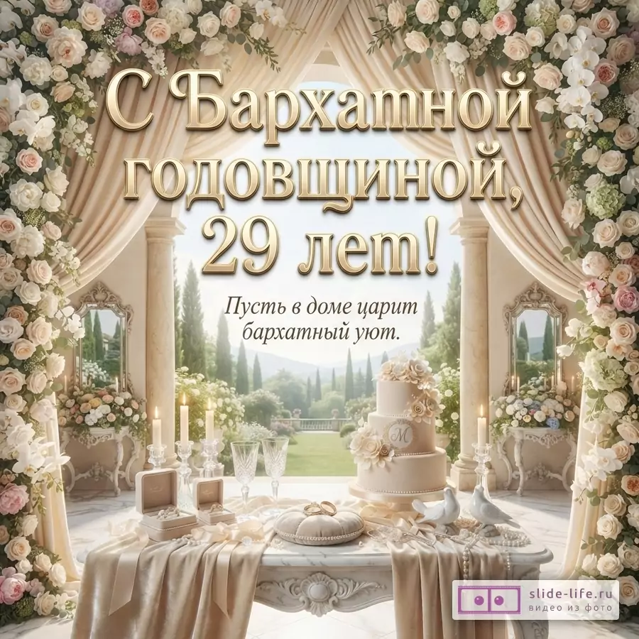 Открытка с бежевыми шторами, украшенными розами, на фоне сада. На переднем плане стол с бежевой скатертью, на котором стоит трехъярусный торт, свечи, бокалы, шкатулки с украшениями и две белые фигурки голубей. Текст: «С Бархатной годовщиной, 29 лет! Пусть в доме царит бархатный уют.»
