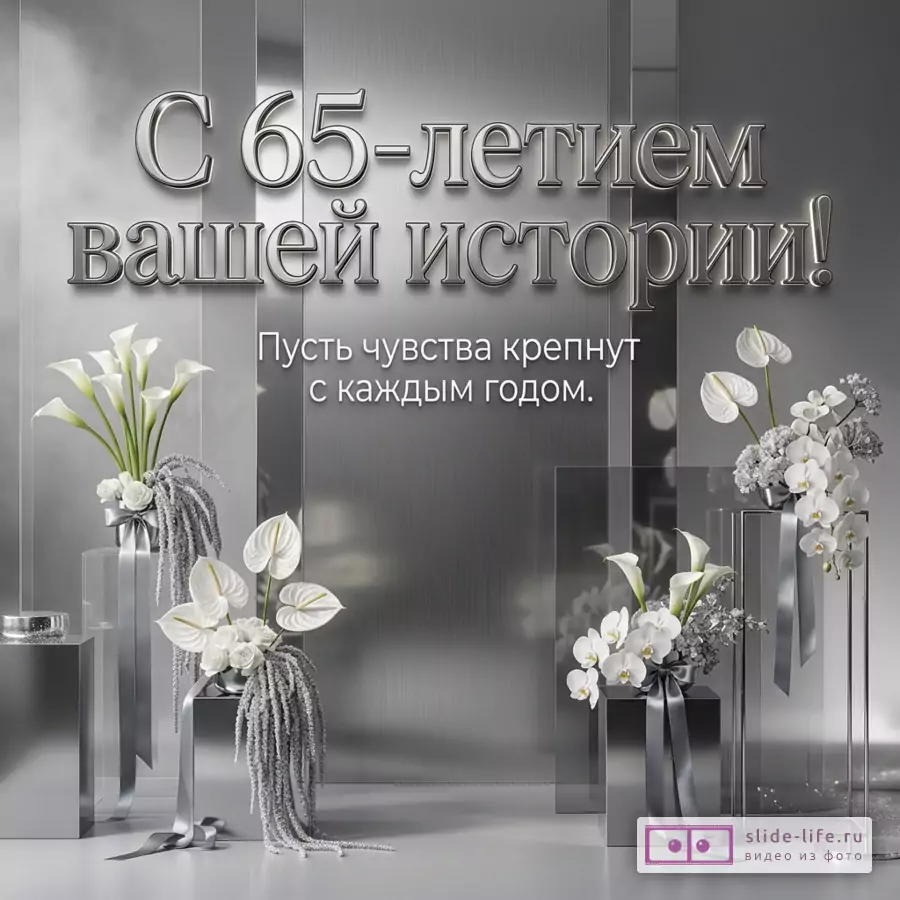 Серебристый фон с вертикальными панелями, белые каллы, антуриумы и орхидеи в высоких вазах с лентами, текст «С 65-летием вашей истории! Пусть чувства крепнут с каждым годом.»