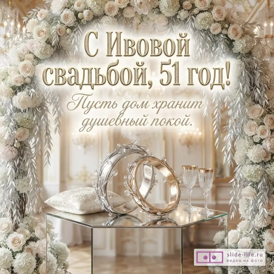 Арка из белых роз и серебристых веток на светлом фоне. На переднем плане два кольца, подушка и два бокала на зеркальном столике. Текст: «С Ивовой свадьбой, 51 год! Пусть дом хранит душевный покой.»