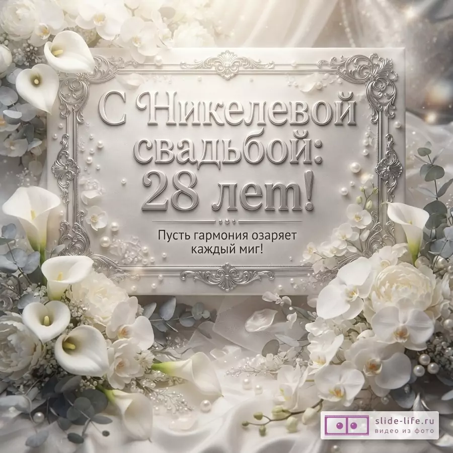 Открытка с белым фоном, серебряной рамкой, белыми цветами и жемчугом. Текст: «С Никелевой свадьбой: 28 лет! Пусть гармония озаряет каждый миг!»