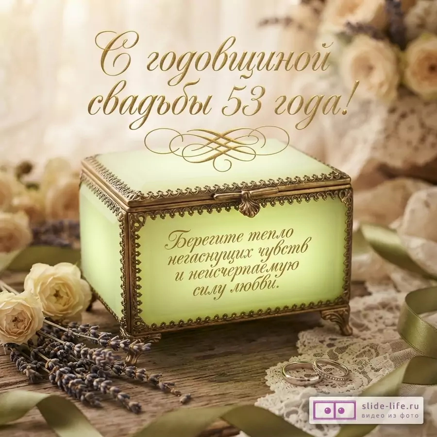 Открытка с бежевым фоном, золотой надписью «С годовщиной свадьбы 53 года!», шкатулкой с надписью «Берегите тепло негаснущих чувств и неисчерпаемую силу любви.», лавандой, розами и обручальными кольцами.