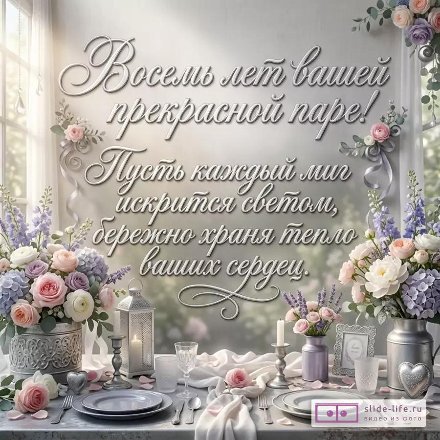 Открытка на 8 лет свадьбы с пожеланием сияния и тепла сердец
