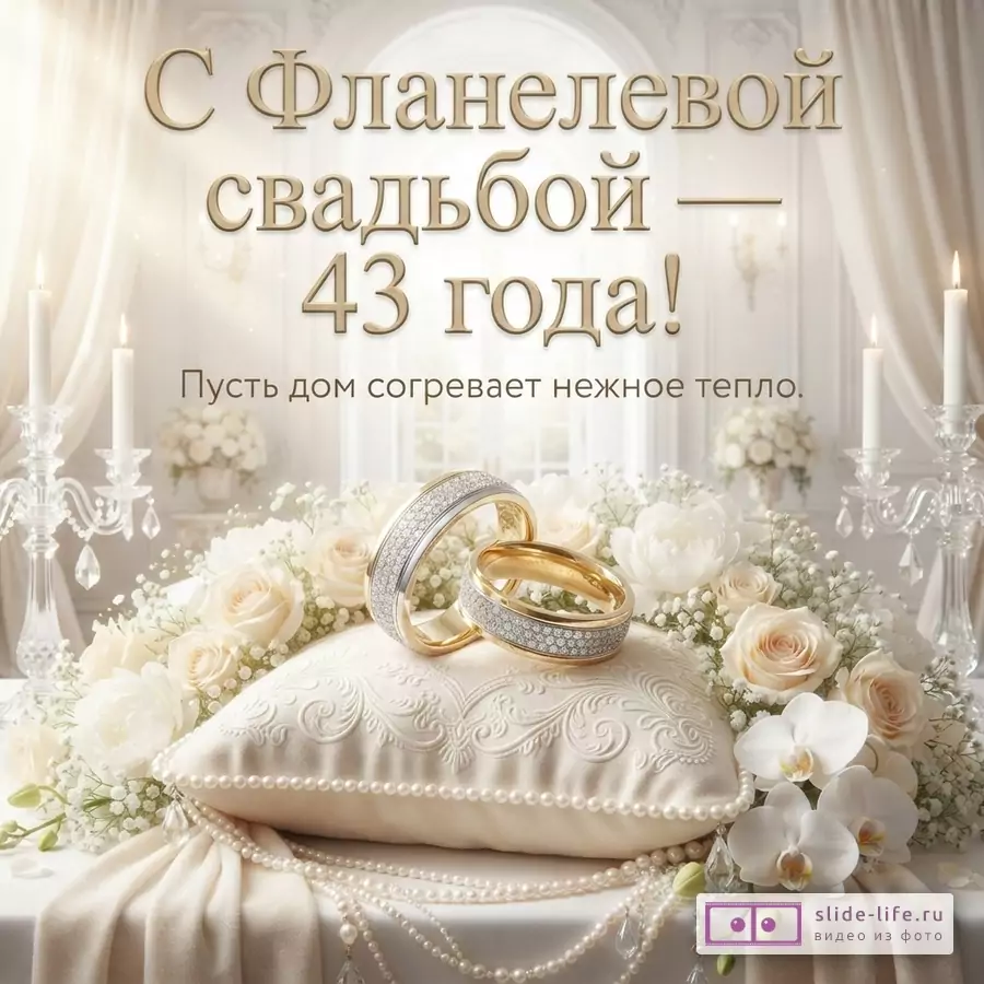 Светлый фон, золотистые буквы, свечи, цветы, обручальные кольца на подушке. Текст: «С Фланелевой свадьбой — 43 года! Пусть дом согревает нежное тепло.»
