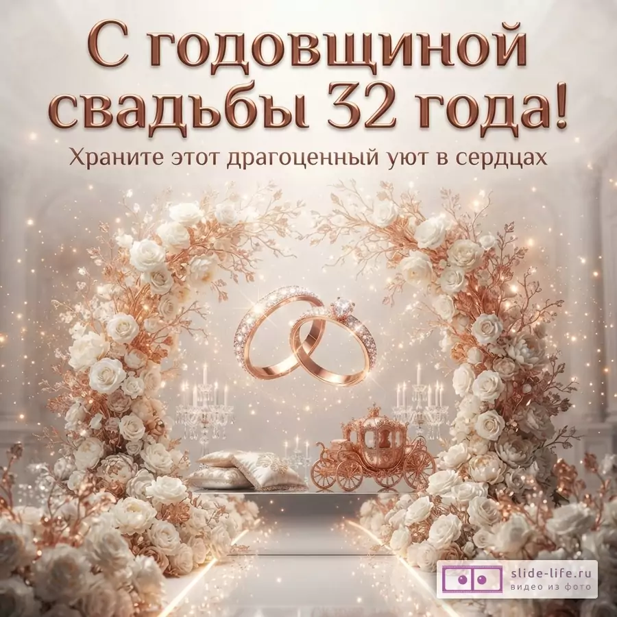 Бежевый фон, золотые буквы, золотые кольца, золотая карета, белые розы. Текст: «С годовщиной свадьбы 32 года! Храните этот драгоценный уют в сердцах.»