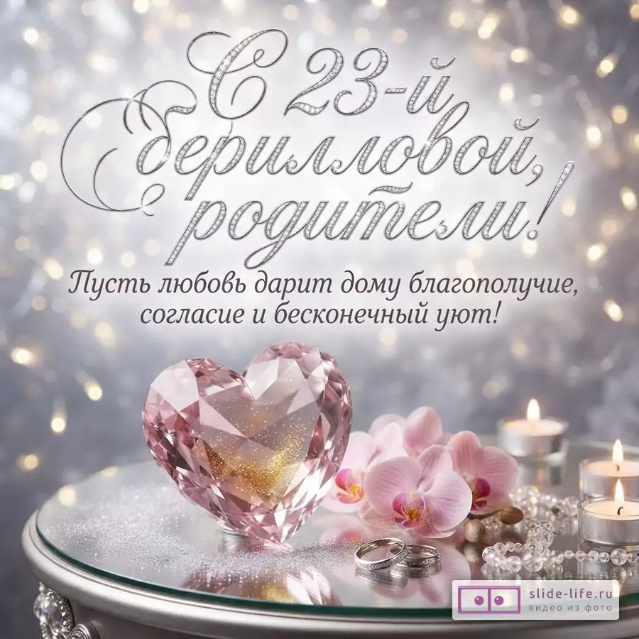 Розовое кристаллическое сердце, орхидеи, кольца и свечи на стеклянном столике. Надпись: «С 23-й берилловой, родители! Пусть любовь дарит дому благополучие, согласие и бесконечный уют!».