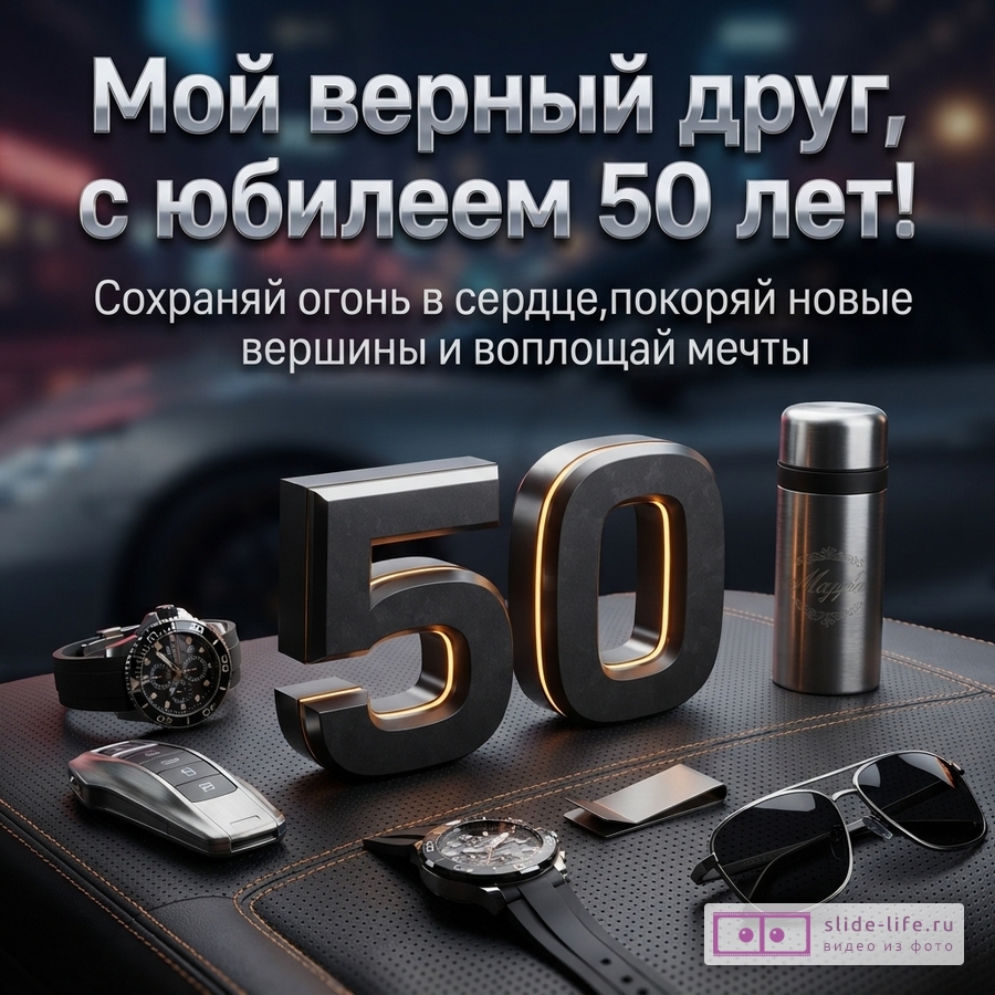 Фон размытый городской пейзаж. На переднем плане черная кожаная поверхность с оранжевой строчкой. На ней лежат часы, ключ от машины, цифры «50» с оранжевой подсветкой, термос, зажим для денег, часы, солнцезащитные очки. Текст: «Мой верный друг, с юбилеем 50 лет! Сохраняй огонь в сердце, покоряй новые вершины и воплощай мечты»