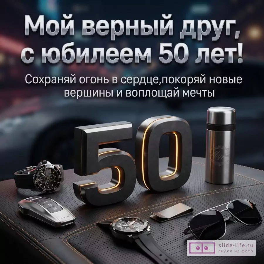 Фон размытый городской пейзаж. На переднем плане черная кожаная поверхность с оранжевой строчкой. На ней лежат часы, ключ от машины, цифры «50» с оранжевой подсветкой, термос, зажим для денег, часы, солнцезащитные очки. Текст: «Мой верный друг, с юбилеем 50 лет! Сохраняй огонь в сердце, покоряй новые вершины и воплощай мечты»