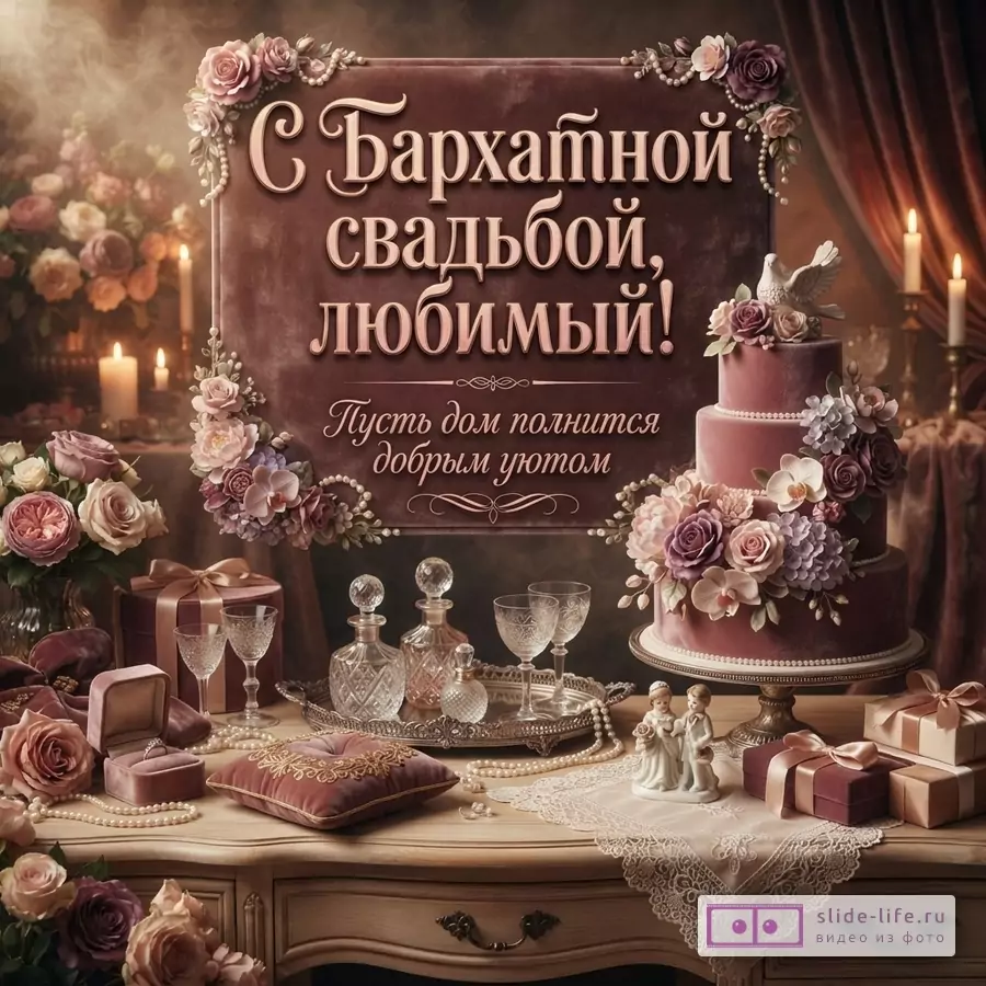 Коричневый фон, бархатная рамка с цветами, свечи, торт, подарки, ваза с цветами. Текст: «С Бархатной свадьбой, любимый! Пусть дом полнится добрым уютом.»