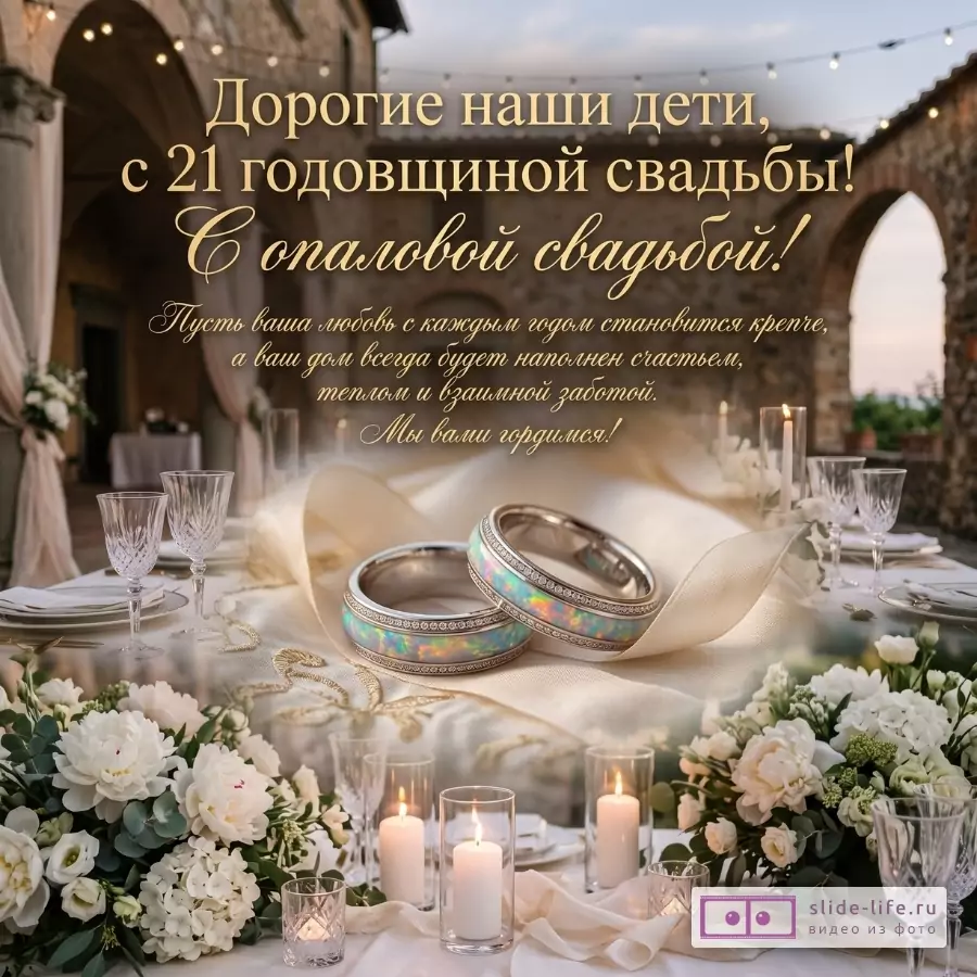 Бежево-золотистый фон, сервированный стол со свечами, белыми цветами и двумя кольцами с опаловой вставкой. Текст: «Дорогие наши дети, с 21 годовщиной свадьбы! С опаловой свадьбой!»
