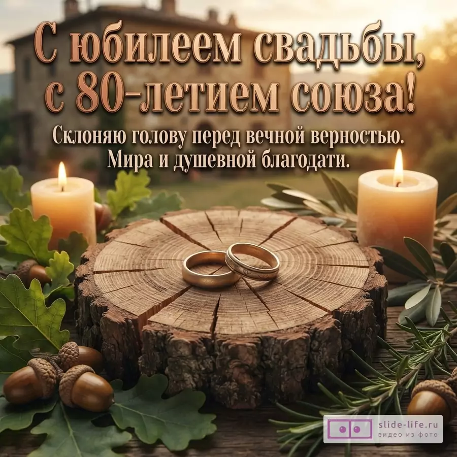 Открытка с дубовым спилом, обручальными кольцами, свечами, дубовыми листьями и желудями на фоне дома. Текст: «С юбилеем свадьбы, с 80-летием союза! Склоняю голову перед вечной верностью. Мира и душевной благодати.»
