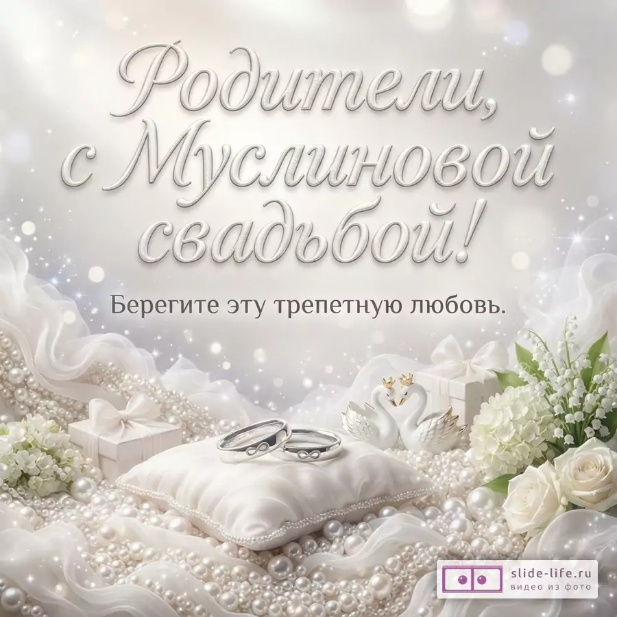 Светлый фон с бликами, жемчуг, белая ткань, два обручальных кольца на подушечке, две фигурки лебедей, белые цветы, подарочная коробка. Текст: «Родители, с Муслиновой свадьбой! Берегите эту трепетную любовь.»