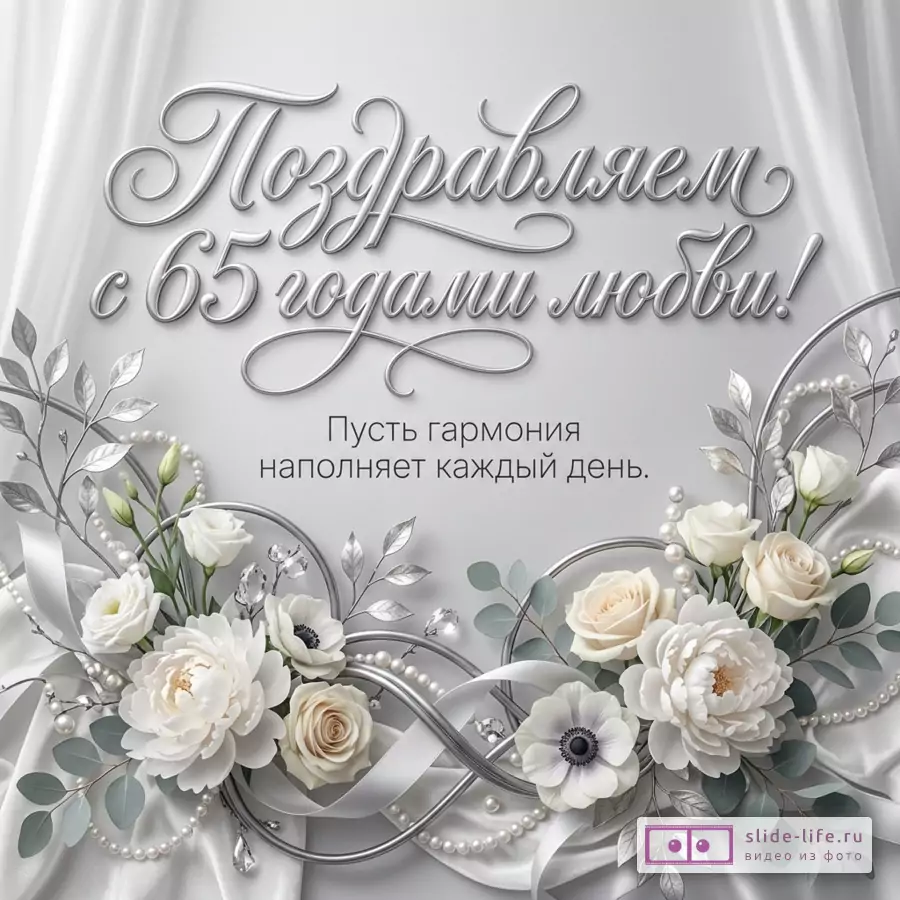 Светло-серый фон с драпировкой, серебристая каллиграфическая надпись «Поздравляем с 65 годами любви!», текст «Пусть гармония наполняет каждый день.», белые цветы, жемчуг, ленты, серебряные кольца и листья