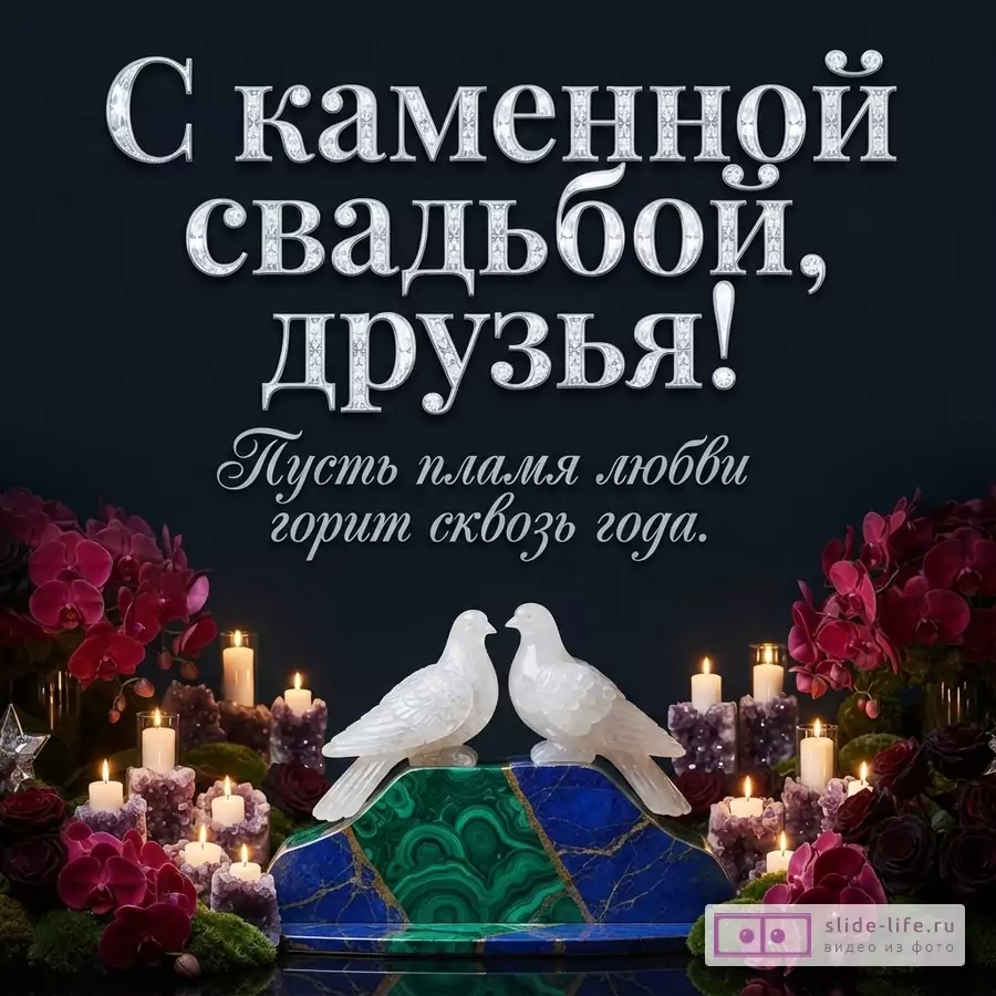 Темно-синий фон, текст серебряными буквами с бриллиантами «С каменной свадьбой, друзья!» и курсивом «Пусть пламя любви горит сквозь года.». Внизу две белые фигурки голубей на малахите и лазурите, вокруг красные цветы, свечи.
