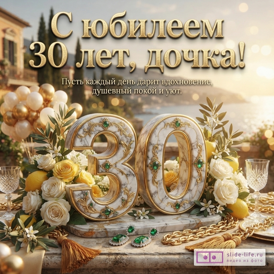 Мраморная цифра 30 с золотом и изумрудами, белые розы, лимоны и бокалы на фоне морского пейзажа, текст «С юбилеем 30 лет, дочка! Пусть каждый день дарит вдохновение, душевный покой и уют.»