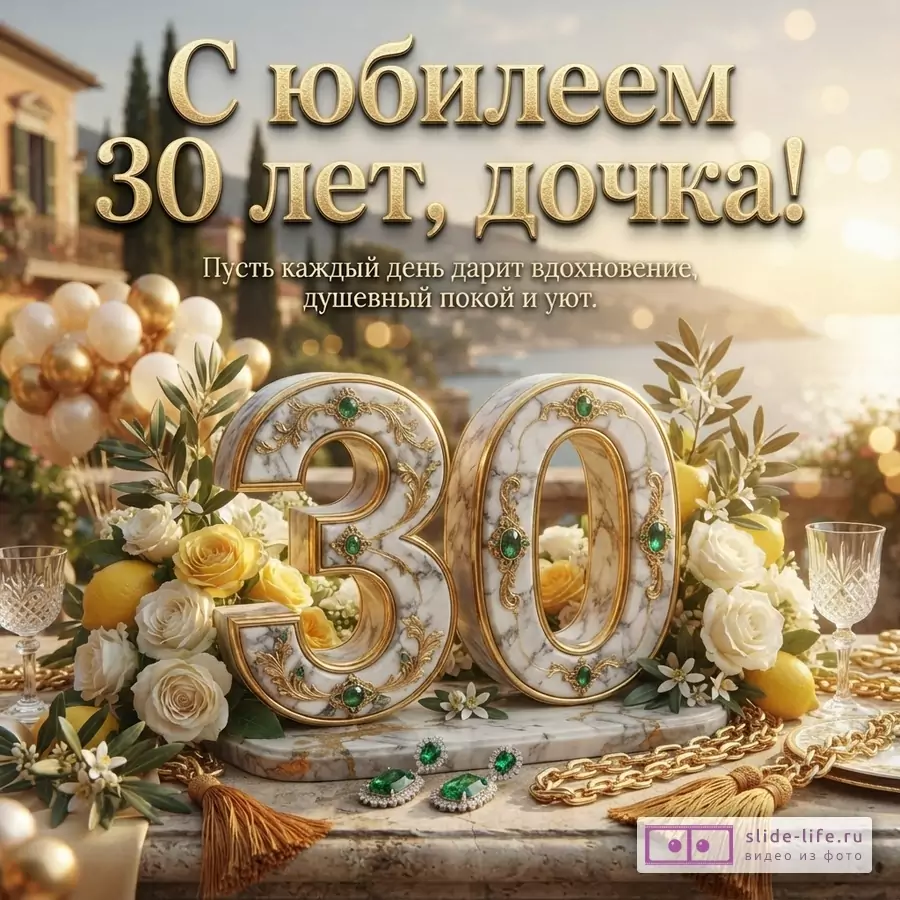 Мраморная цифра 30 с золотом и изумрудами, белые розы, лимоны и бокалы на фоне морского пейзажа, текст «С юбилеем 30 лет, дочка! Пусть каждый день дарит вдохновение, душевный покой и уют.»