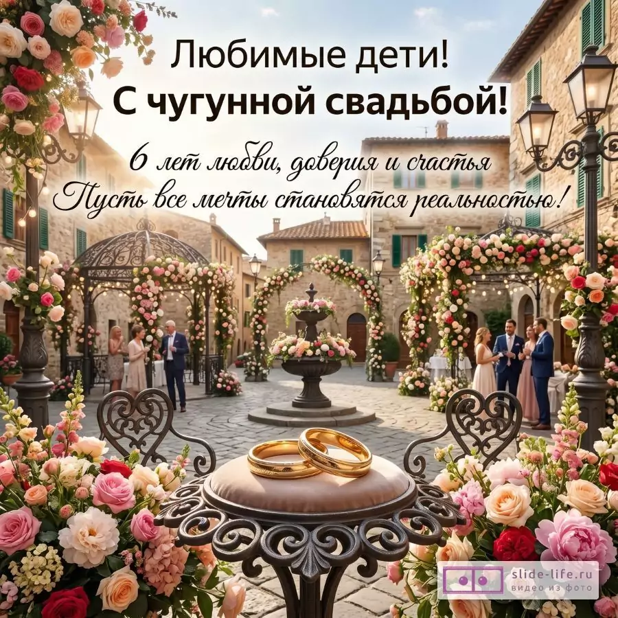 С 6 годовщиной свадьбы, любимые дети! Душевная открытка с чугунной свадьбой и пожеланиями счастья