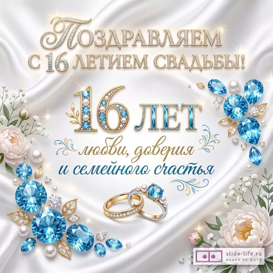 Светлый бело-серебристый фон с атласными складками, голубыми топазами, жемчугом, цветами и золотыми кольцами. Текст: «Поздравляем с 16 летием свадьбы!», «16 лет», «любви, доверия и семейного счастья»