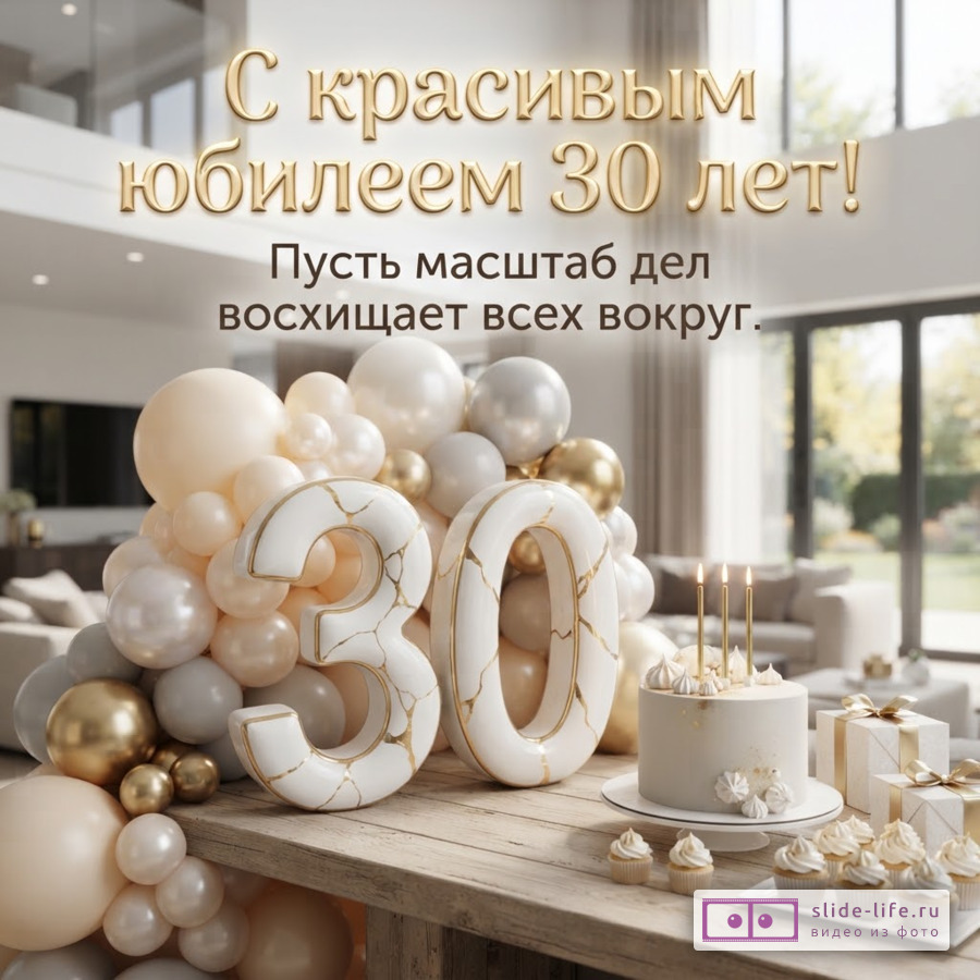 Объемная мраморная цифра 30, торт со свечами, подарки на деревянном столе на фоне золотых и белых шаров, текст: «С красивым юбилеем 30 лет! Пусть масштаб дел восхищает вокруг».
