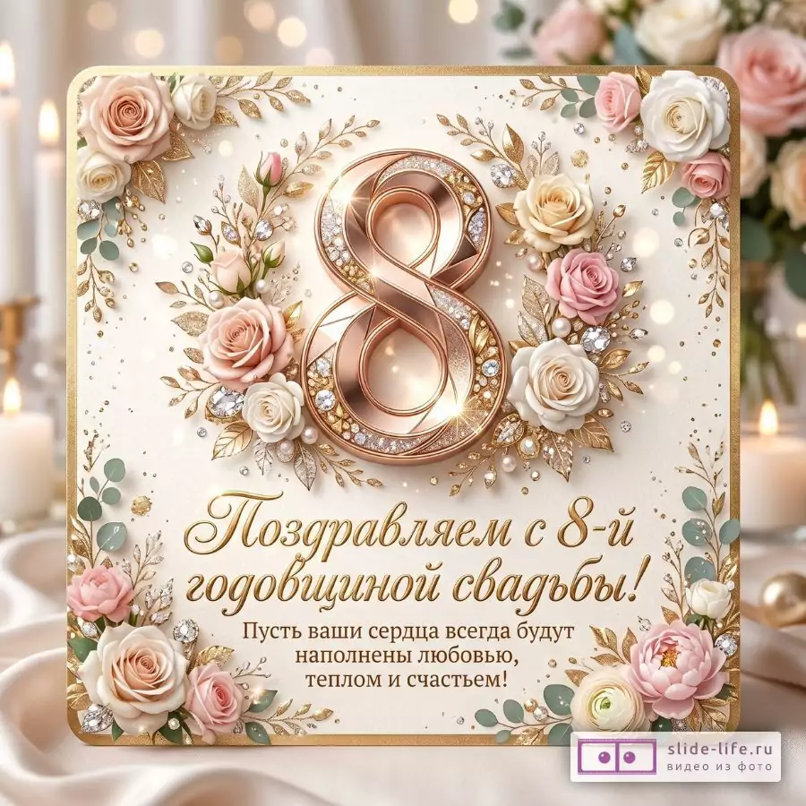 Кремово-бежевый фон, золотая рамка, цифра 8, розовые и белые розы, золотые ветви, стразы, «Поздравляем с 8-й годовщиной свадьбы! Пусть ваши сердца всегда будут наполнены любовью, теплом и счастьем!»