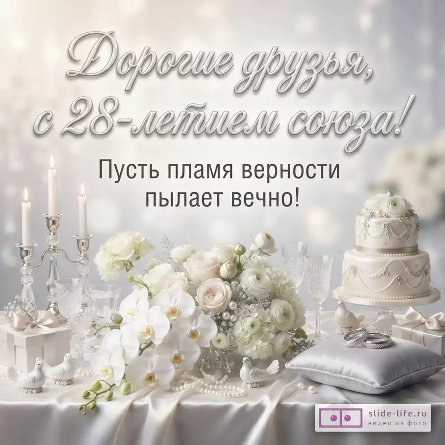 Белый фон с боке, на переднем плане стол с белой скатертью, на нем букет белых цветов, подсвечник с тремя свечами, свадебный торт, две белые птички, подушечка с двумя кольцами, подарки. Текст: «Дорогие друзья, с 28-летием союза! Пусть пламя верности пылает вечно!»