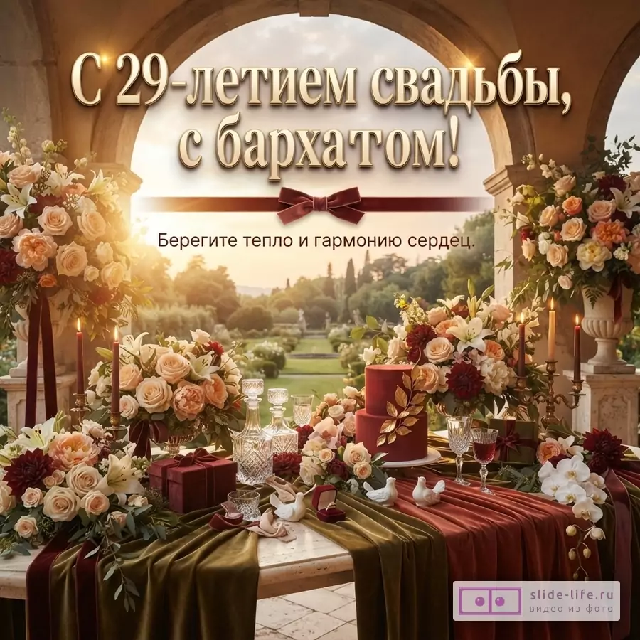 Фон с аркой и пейзажем, на переднем плане стол, накрытый бархатными скатертями оливкового и бордового цвета, украшенный цветочными композициями, свечами, подарками и тортом. Текст: «С 29-летием свадьбы, с бархатом! Берегите тепло и гармонию сердец.»