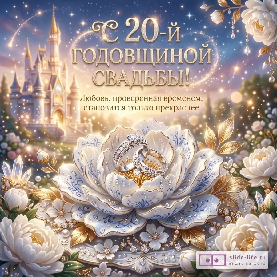 Сине-золотой фон с сиянием, замок, бело-голубой фарфоровый цветок с золотыми листьями и двумя кольцами, белые цветы. Текст: «С 20-й ГОДОВЩИНОЙ СВАДЬБЫ! Любовь, проверенная временем, становится только прекраснее»