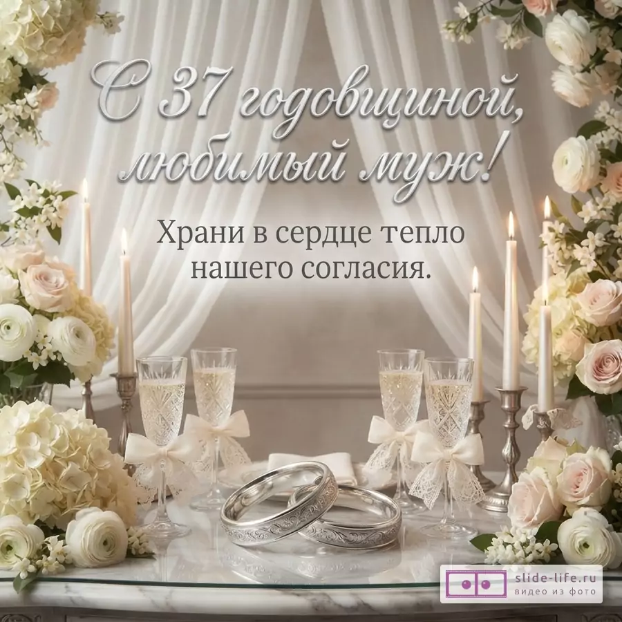 Белый фон с полупрозрачными шторами, цветами, свечами, бокалами и двумя кольцами. Текст: «С 37 годовщиной, любимый муж! Храни в сердце тепло нашего согласия.»