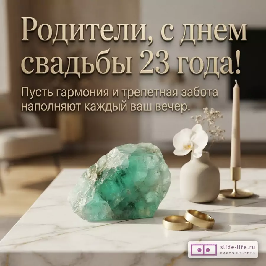 «Родители, с днем свадьбы 23 года! Пусть гармония и трепетная забота наполняют каждый ваш вечер.» На бежево-коричневом фоне зеленый берилл, золотые кольца, белая орхидея и свеча.
