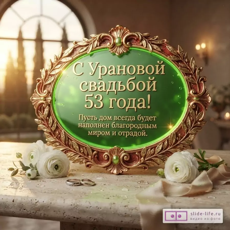 Золотая рамка с зеленым фоном, на котором текст «С Урановой свадьбой 53 года! Пусть дом всегда будет наполнен благородным миром и отрадой.». На переднем плане белые цветы, обручальные кольца и бежевая лента.