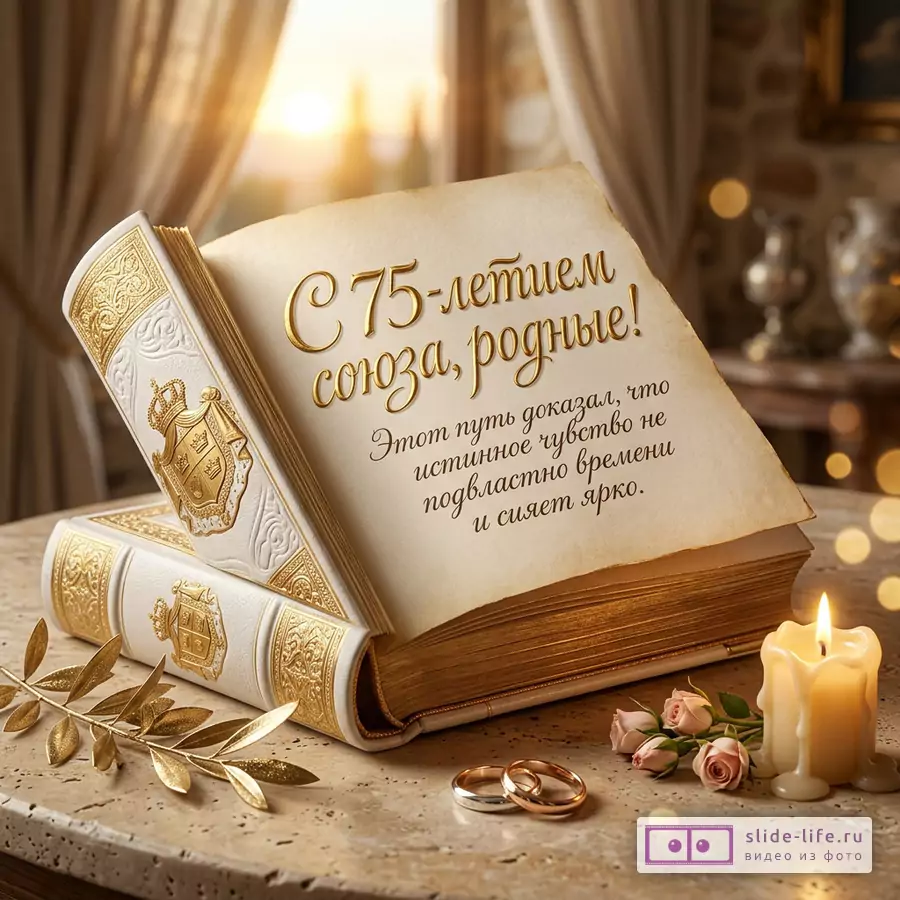Книга в белом переплете с золотым тиснением, свеча, кольца и розы на столе, надпись «С 75-летием союза, родные! Этот путь доказал, что истинное чувство не подвластно времени и сияет ярко.»
