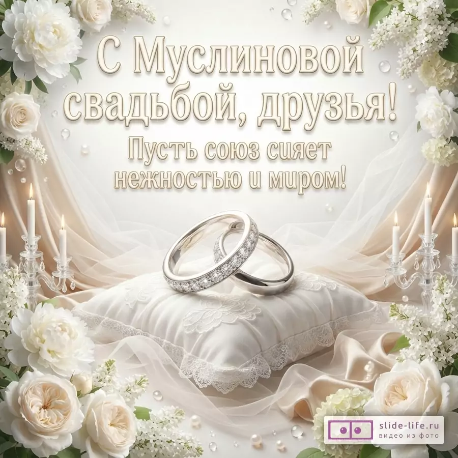 Белый фон, бежевая драпировка, белые цветы, свечи, жемчуг, два обручальных кольца на подушке. Надпись: «С Муслиновой свадьбой, друзья! Пусть союз сияет нежностью и миром!»
