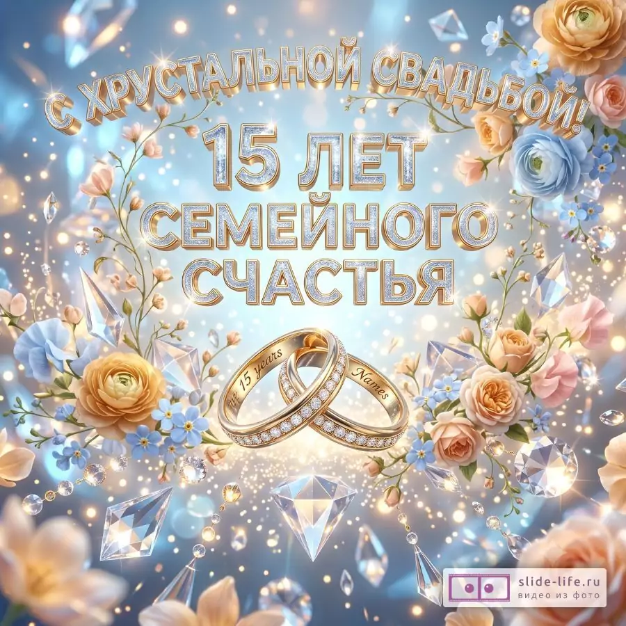 Поздравление с хрустальной свадьбой 15 лет — красивая праздничная открытка