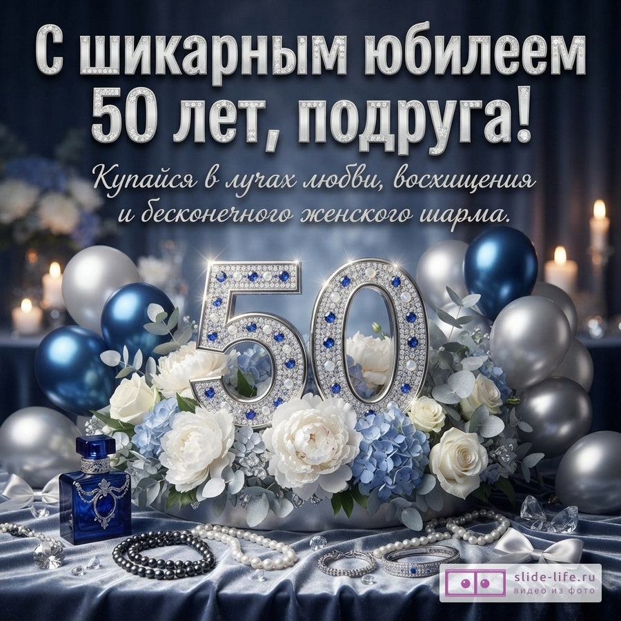 Фон синий, цифры 50 из страз, белые и голубые цветы, синие и серебряные шары, флакон духов. Текст: «С шикарным юбилеем 50 лет, подруга! Купайся в лучах любви, восхищения и бесконечного женского шарма.»