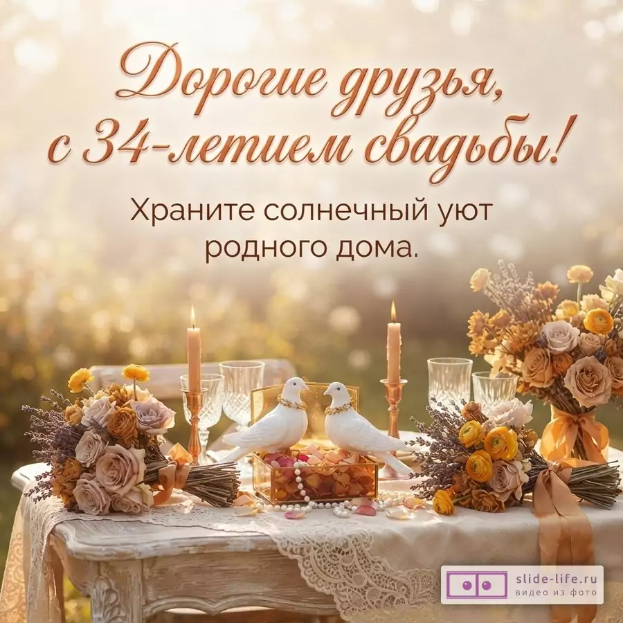 Фон размытый, светлый, с солнечными бликами. В центре надпись коричневым цветом «Дорогие друзья, с 34-летием свадьбы! Храните солнечный уют родного дома.». Внизу накрытый стол с белой скатертью, два букета цветов, две белые фигурки голубей, свечи, бокалы.
