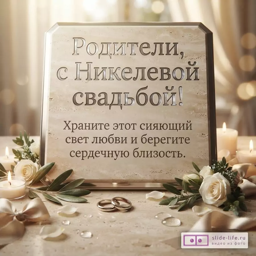 Бежевый фон, центральная поздравительная открытка с текстом «Родители, с Никелевой свадьбой! Храните этот сияющий свет любви и берегите сердечную близость.», свечи, белые розы, зеленые ветви, обручальные кольца.