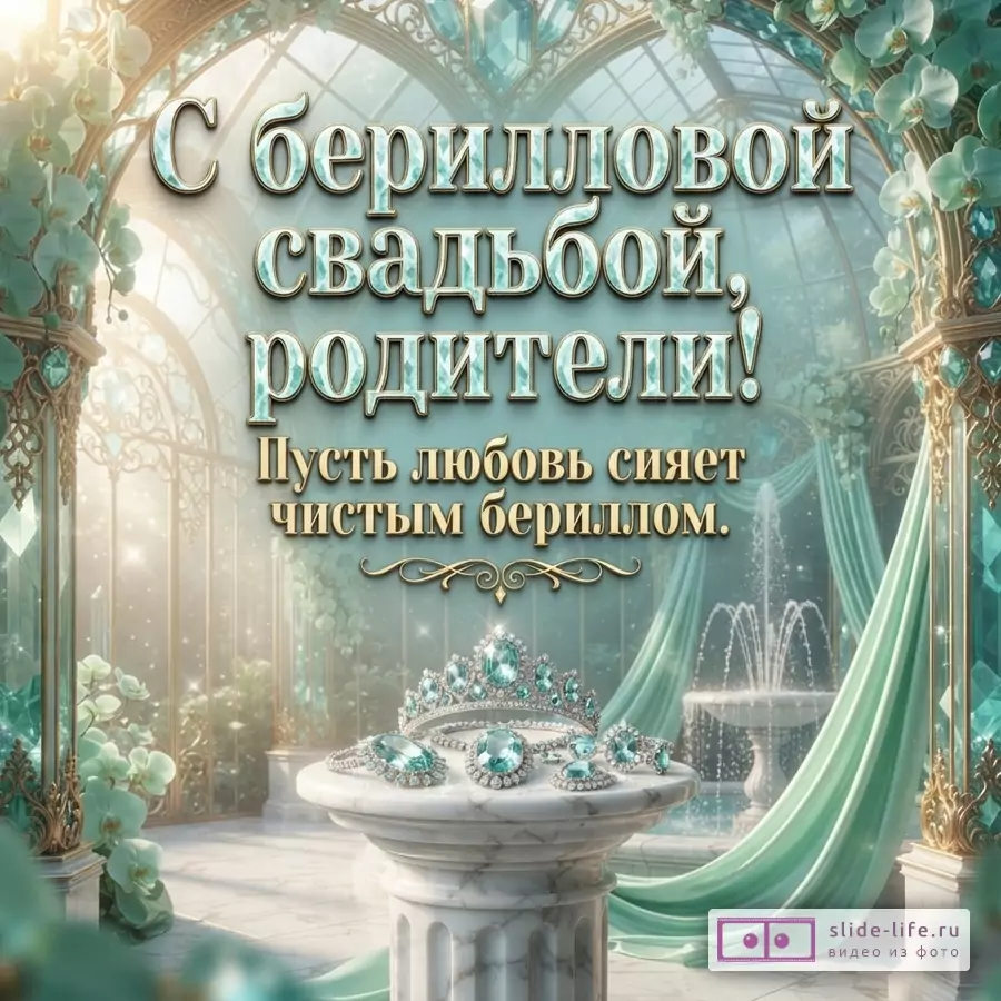 Открытка с текстом «С берилловой свадьбой, родители! Пусть любовь сияет чистым бериллом.» На бирюзовом фоне изображены цветы, арочные окна, фонтан, зеленая драпировка и украшения с бериллами.