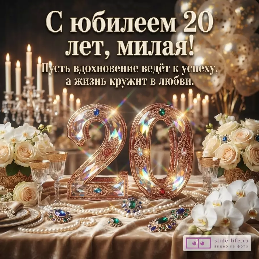 Праздничный стол со свечами, цветами, драгоценными цифрами 20 и текстом «С юбилеем 20 лет, милая! Пусть вдохновение ведёт к успеху, а жизнь кружит в любви.».